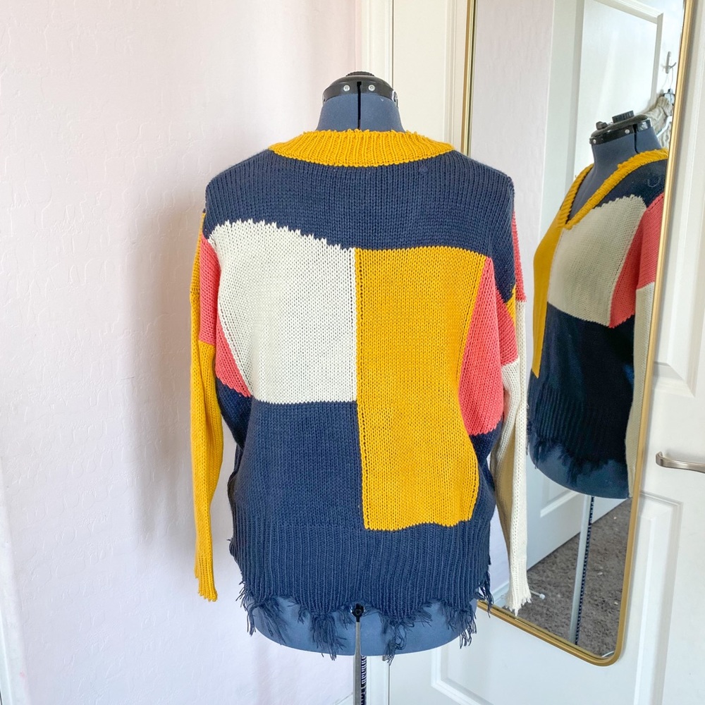 Umgee Sweater Color Block Fringe Patchwork Knitted - image 3